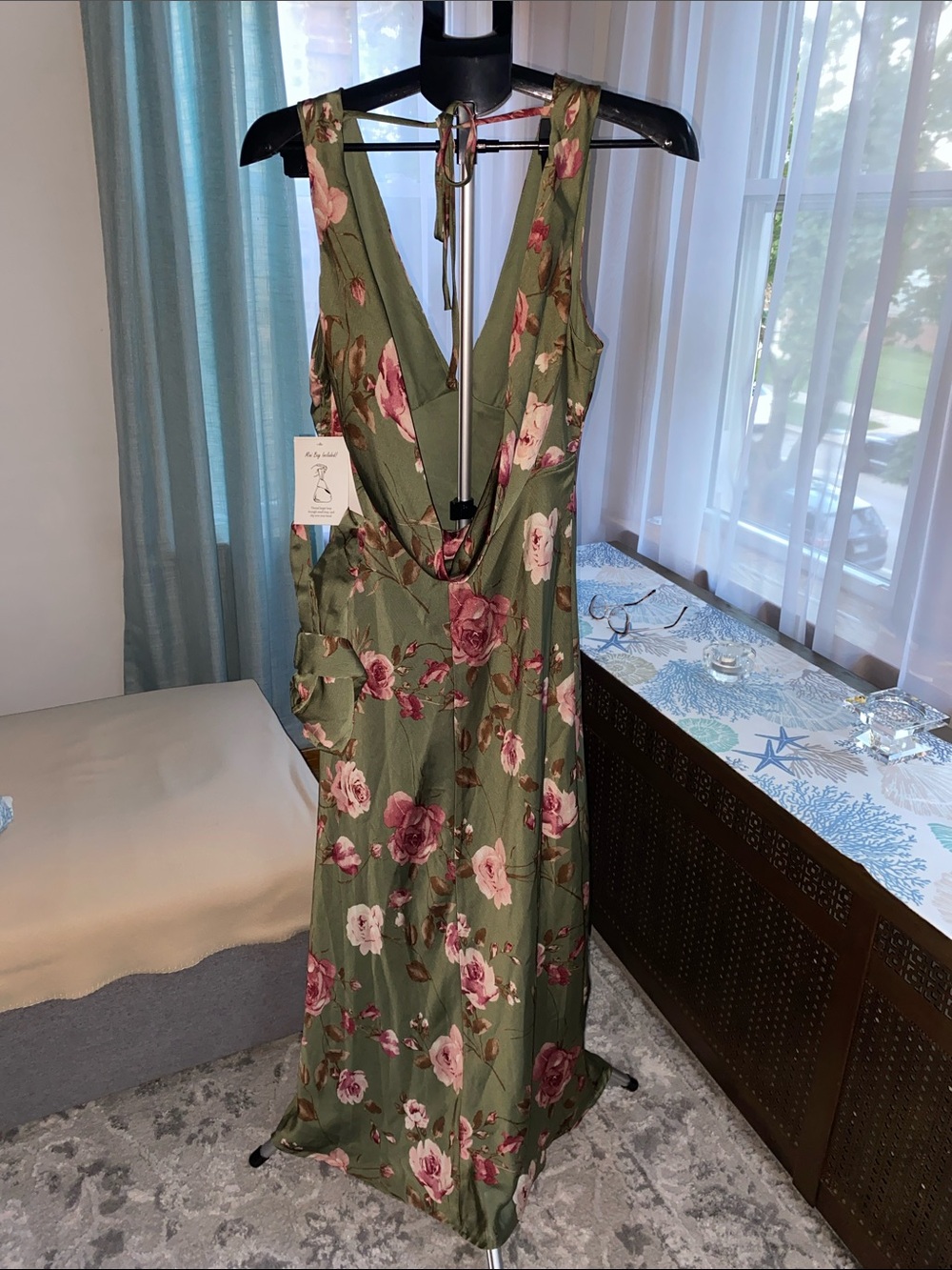 Olive Green Floral Maxi Dress with Pink Rose Detail - Picture 3 of 4